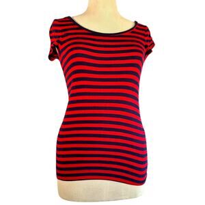 Womens Shirt Small Red Navy Stripes Preppy Nautical Travel Packable Vacation Fun